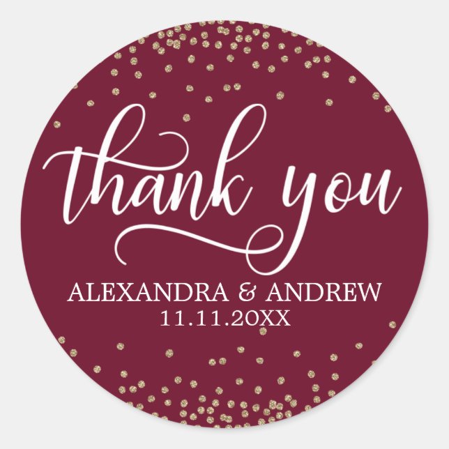 Burgundy Gold Confetti Wedding Thank You Classic Round Sticker (Front)
