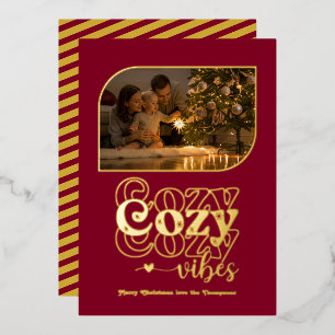 Burgundy & Gold Cosy Vibes Retro Christmas Photo Foil Holiday Card