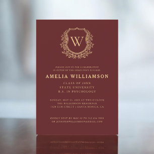 Burgundy Gold Crest Monogram Graduation Party Invitation