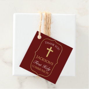 Burgundy Gold Cross 1st Holy Communion Thank You Favour Tags