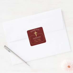 Burgundy Gold Cross 1st Holy Communion Thank You Square Sticker