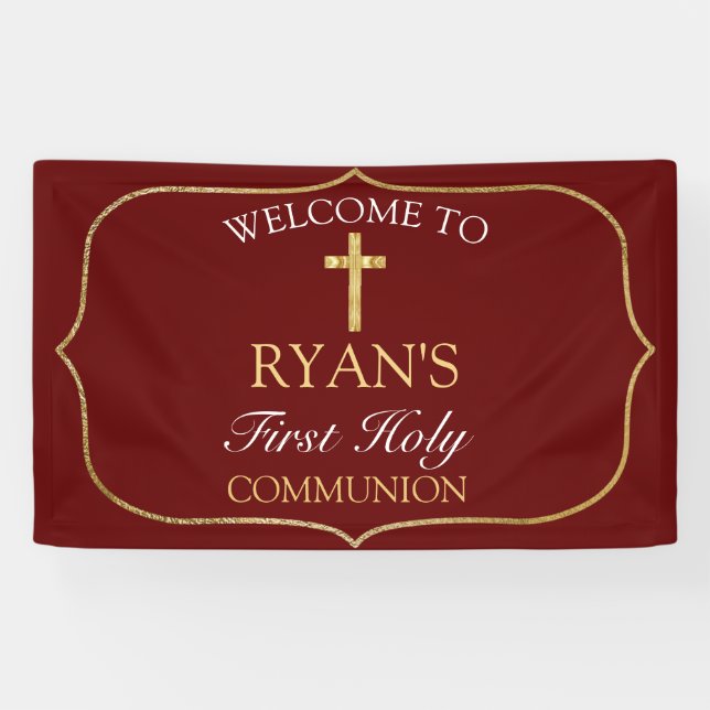 Burgundy Gold Cross 1st Holy Communion Welcome Banner (Horizontal)