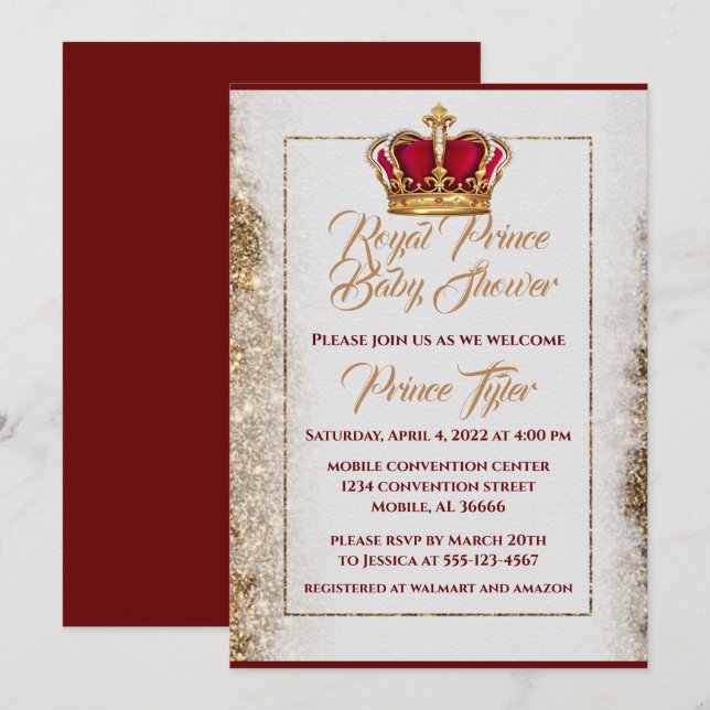 Burgundy & Gold Crown Baby Shower Invitation (Front/Back)