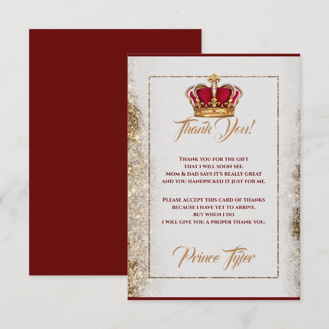 Burgundy & Gold Crown Baby Shower Thank You Card (Front/Back)