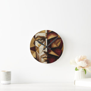Burgundy Gold Cubist Man - Textured Abstract  Round Clock