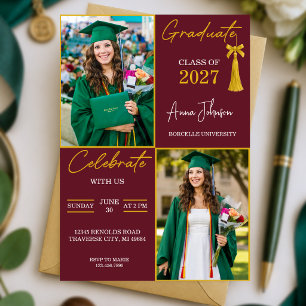 Burgundy & Gold Custom 2 Photo Graduation Party  Invitation