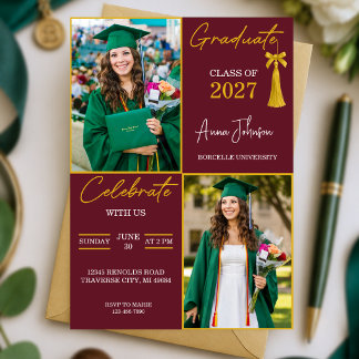Burgundy & Gold Custom 2 Photo Graduation Party  Invitation