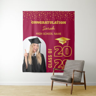 Burgundy & Gold Custom Graduation Backdrop & Photo Tapestry