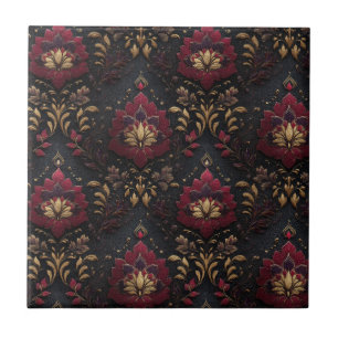 Burgundy Gold Damask Elegance Tile