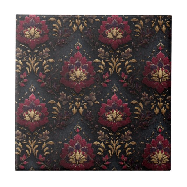 Burgundy Gold Damask Elegance Tile (Front)