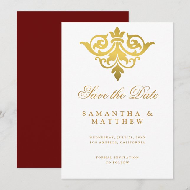 Burgundy Gold Damask Indian Wedding Save The Date (Front/Back)