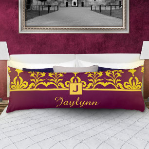 Burgundy Gold Damask Monogram Personalised Name Body Cushion