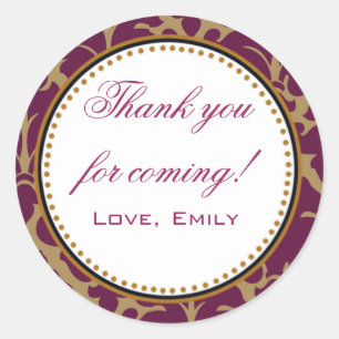 Burgundy Gold Damask Thank You Sticker Round Label
