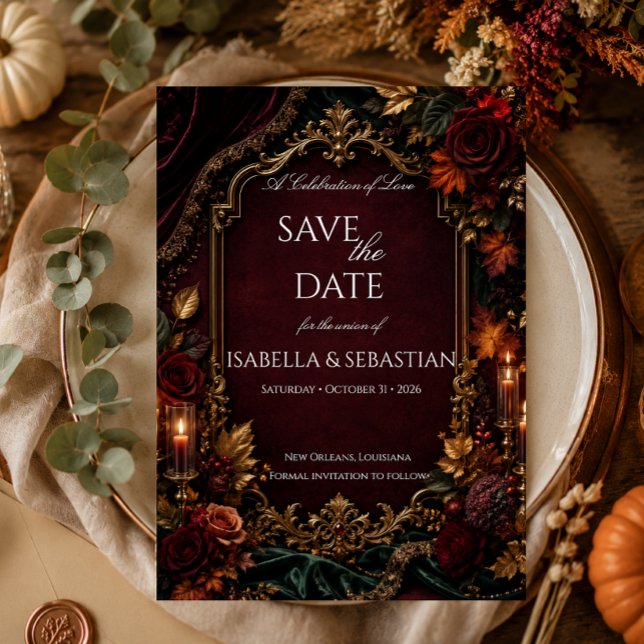 Burgundy & Gold Dark Romance Wedding Save The Date (Creator Uploaded)