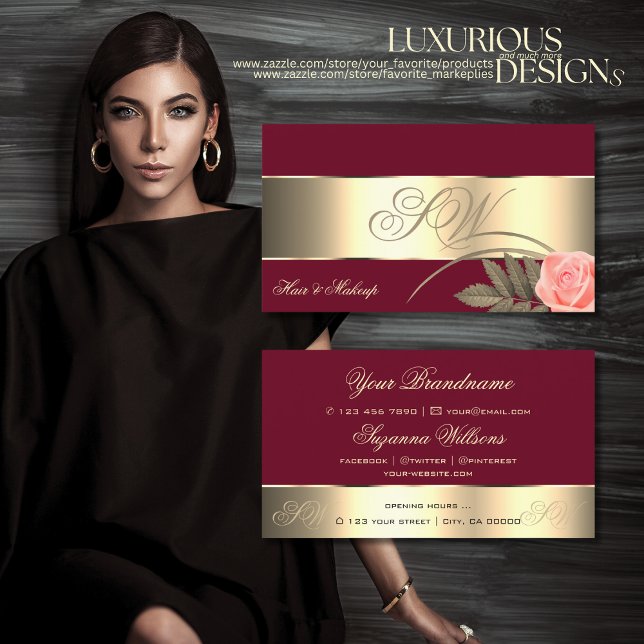 Burgundy Gold Decor Cute Rose Flower with Monogram Business Card (Creator Uploaded)