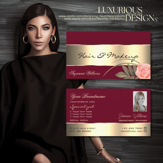 Burgundy Gold Decor Cute Rose Flower with Photo Business Card (Creator Uploaded)