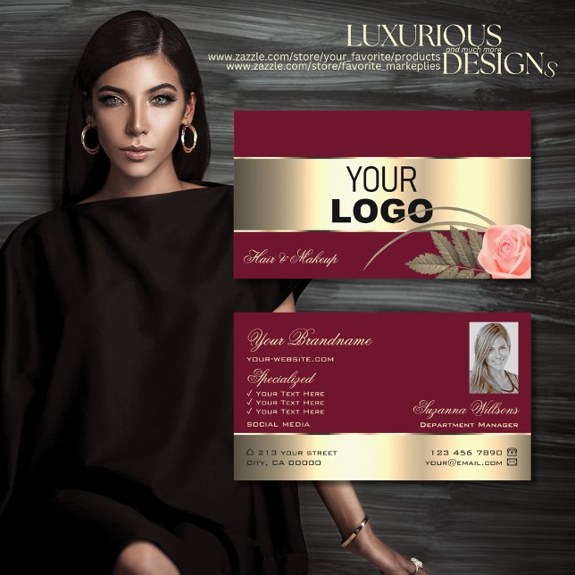 Burgundy Gold Decor Rose Flower with Logo Photo Business Card (Creator Uploaded)