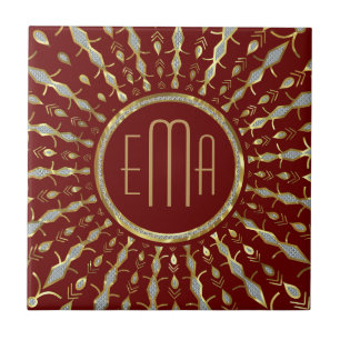 Burgundy, Gold & Diamonds Glitter Star Burst Tile