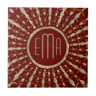 Burgundy, Gold & Diamonds Glitter Star Burst Tile