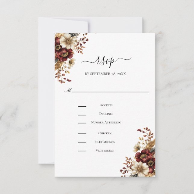Burgundy Gold Dinner Entrée Wedding RSVP Card (Front)