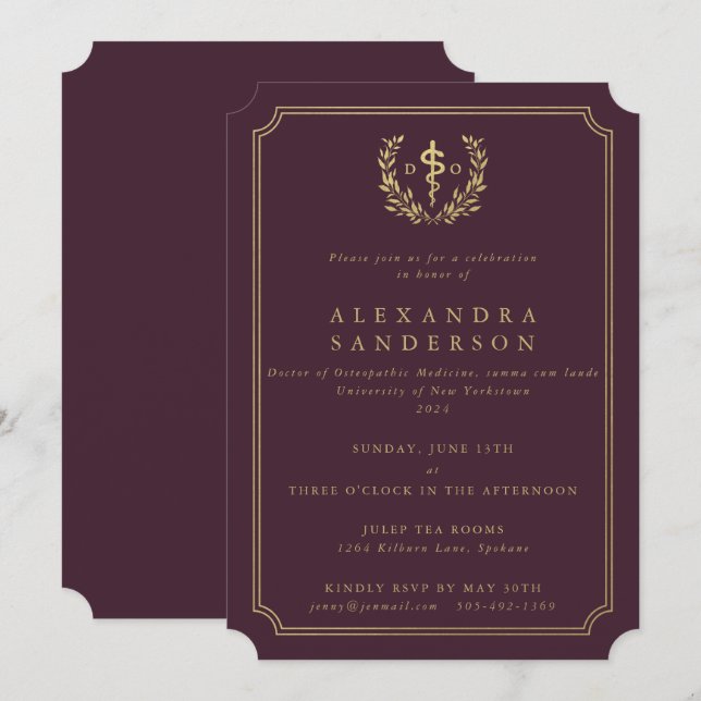 Burgundy/Gold Doctor of Osteopathic Medicine Grad Invitation (Front/Back)