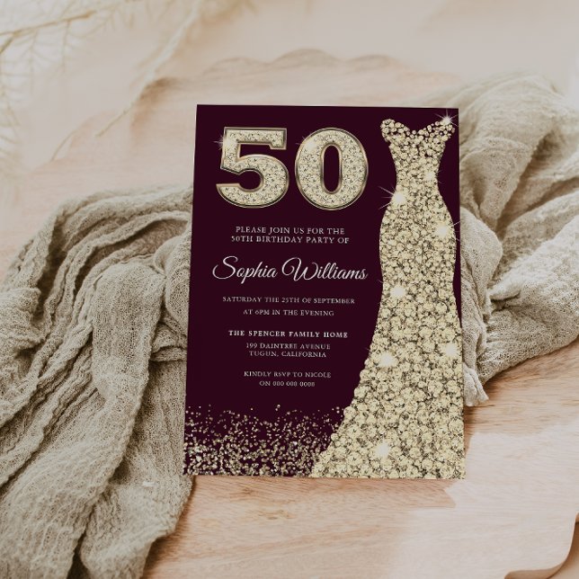 Burgundy & Gold Dress 50th Birthday Party  Invitation (Creator Uploaded)