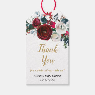Burgundy gold elegant Christmas floral baby shower Gift Tags