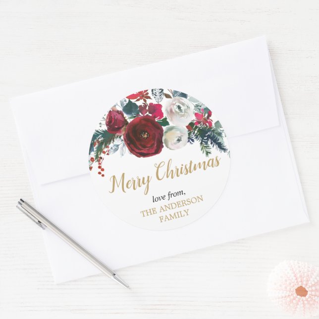 Burgundy gold elegant Christmas floral Classic Round Sticker (Envelope)