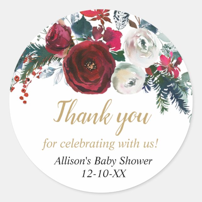 Burgundy gold elegant Christmas floral Classic Round Sticker (Front)