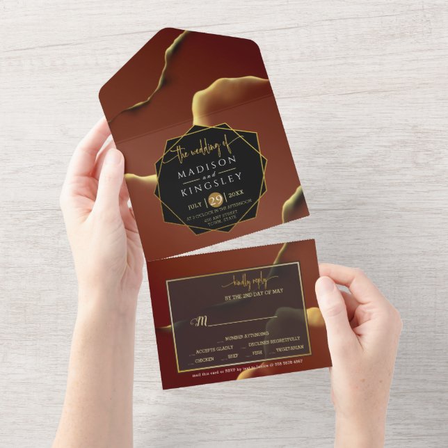 Burgundy Gold 🌿 Elegant Inky Abstract Wedding All In One Invitation (Tearaway)