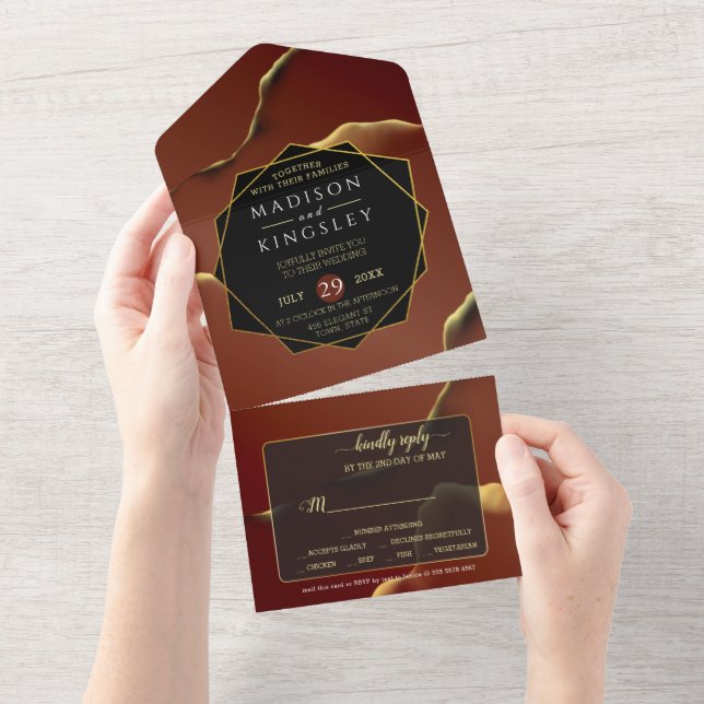 Burgundy Gold 🌿 Elegant Inky Abstract Wedding All In One Invitation (Tearaway)