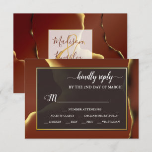 🤵 Burgundy Gold Elegant Inky Abstract Wedding RSVP Card