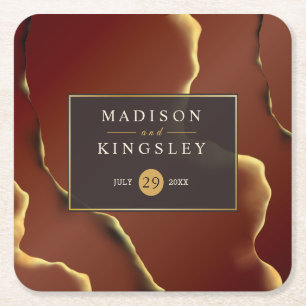 🤵 Burgundy Gold Elegant Inky Abstract Wedding   Square Paper Coaster