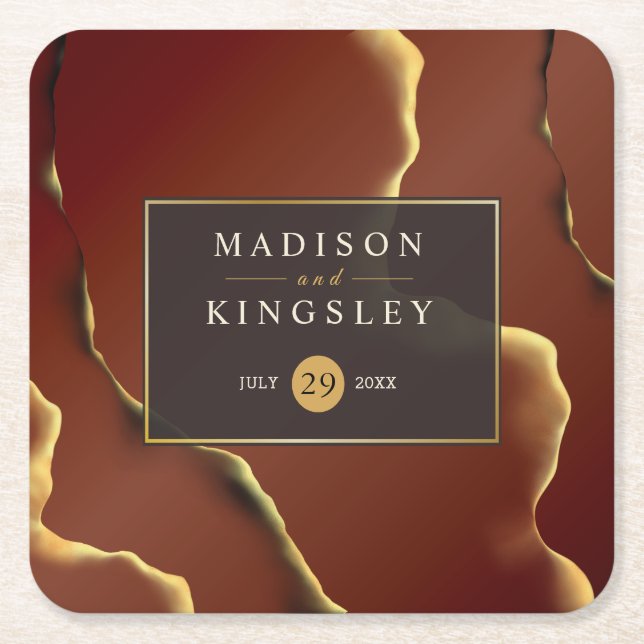 🤵 Burgundy Gold Elegant Inky Abstract Wedding   Square Paper Coaster (Front)