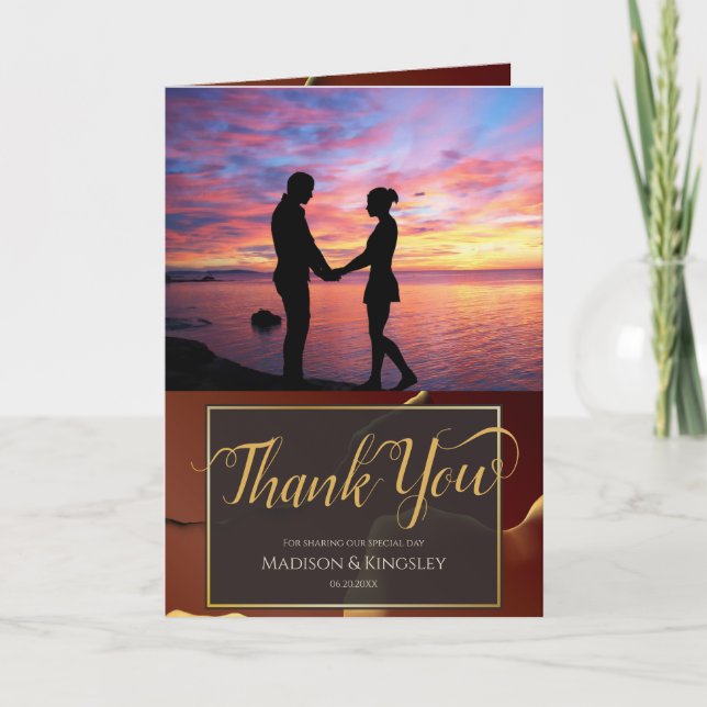 🤵 Burgundy Gold Elegant Inky Abstract Wedding   Thank You Card (Front)