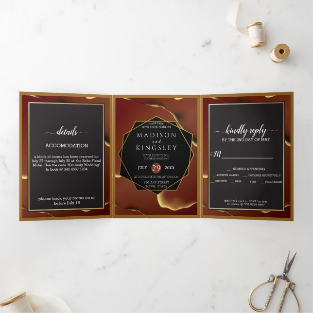 Burgundy Gold 🌿 Elegant Inky Abstract Wedding Tri-Fold Invitation (Inside)