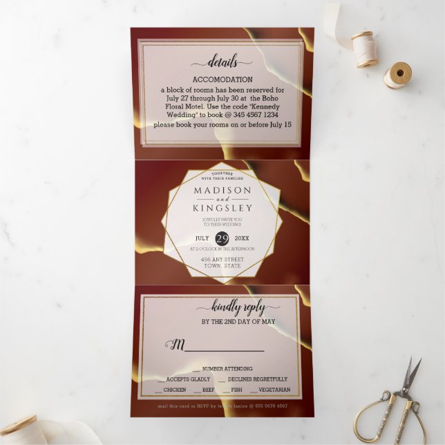 Burgundy Gold 🌿 Elegant Inky Abstract Wedding Tri-Fold Invitation (Inside)