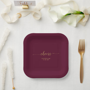 Burgundy & Gold Elegant  Lettering Cheers Party Paper Plate