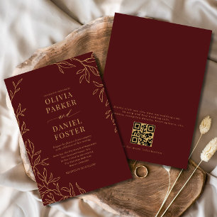 Burgundy Gold Elegant Minimalist QR Code Wedding Invitation