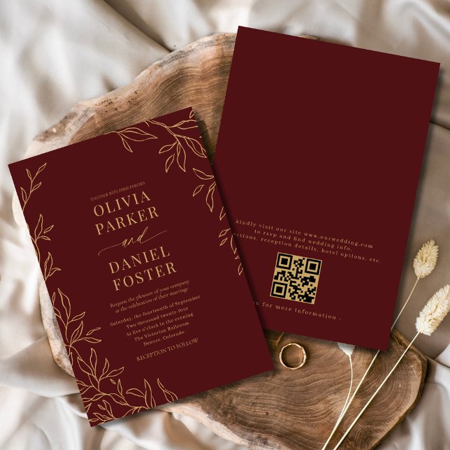 Burgundy Gold Elegant Minimalist QR Code Wedding Invitation (Creator Uploaded)