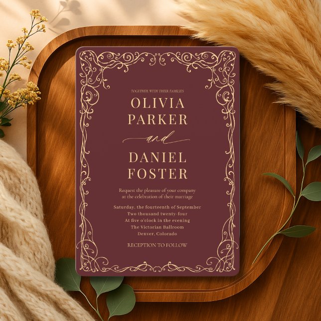 Burgundy Gold Elegant Modern Wedding Invitation (Creator Uploaded)