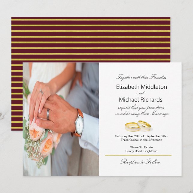 Burgundy Gold Elegant  Photo Wedding Invitation (Front/Back)