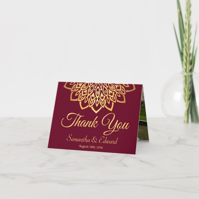 Burgundy Gold Elegant Photo Wedding Thank You Card (Front)