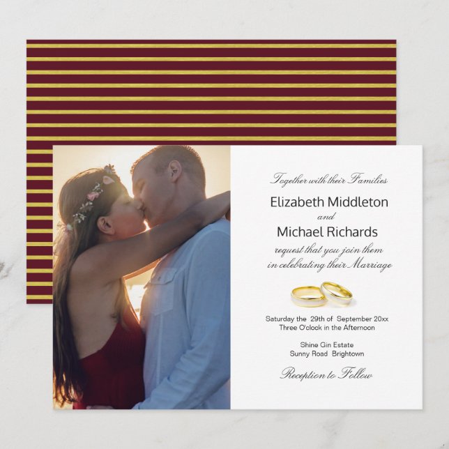 Burgundy Gold Elegant Wedding Photo Invitation (Front/Back)
