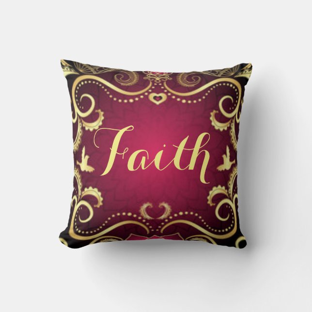 Burgundy Gold Faith Pattern Print Design Cushion (Front)