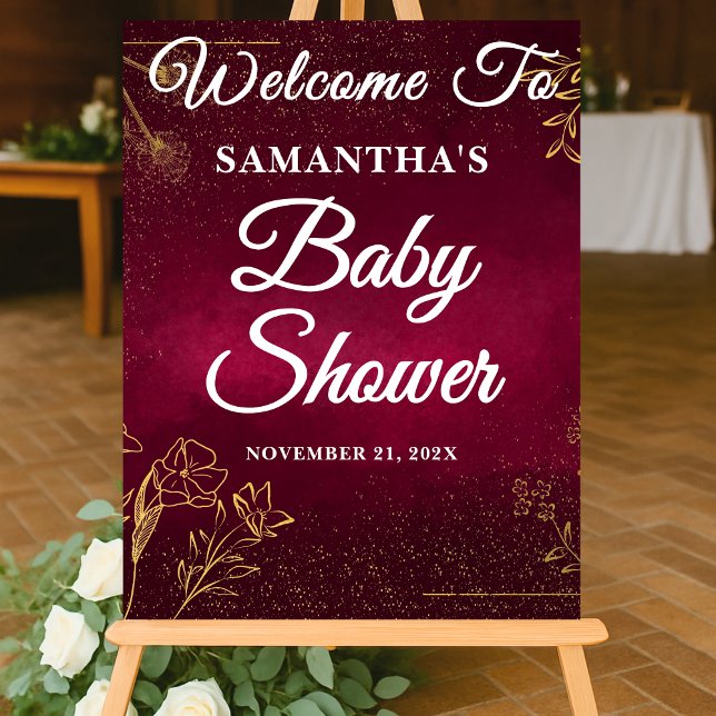 Burgundy Gold Fall Baby Shower Welcome  Acrylic Sign (Creator Uploaded)