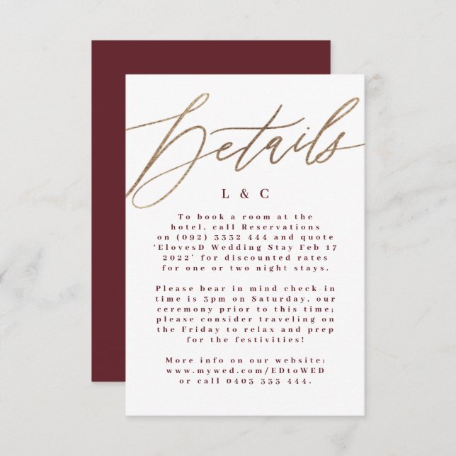 Burgundy & Gold Fall Calligraphy Wedding Details Enclosure Card (Front/Back)