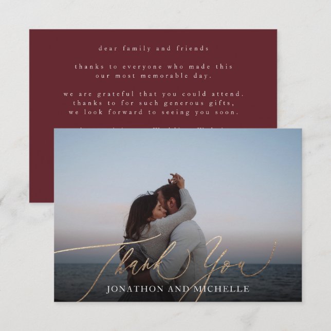 Burgundy & Gold Fall Calligraphy Wedding Photo Thank You Card (Front/Back)
