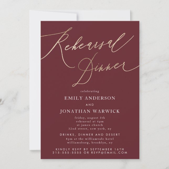 Burgundy & Gold Fall Calligraphy Wedding Rehearsal Invitation (Front)