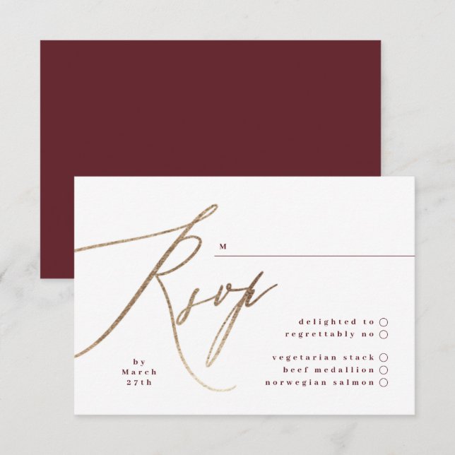 Burgundy & Gold Fall Calligraphy Wedding RSVP Card (Front/Back)